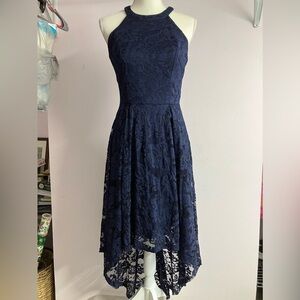 Women’s A-Line High/Low Dress, Medium, Navy Blue, High Collar Halter